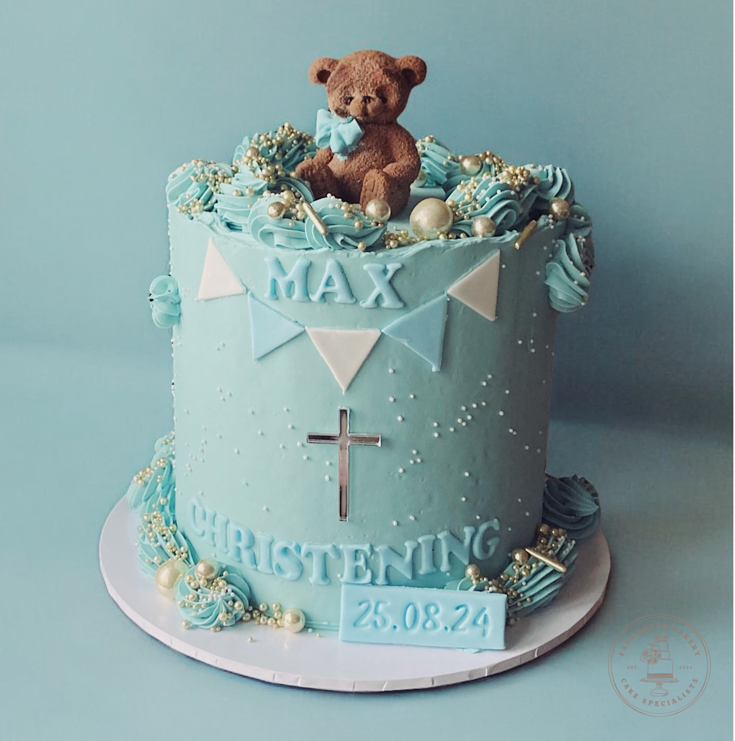 Blue Boho Bear Christening cake