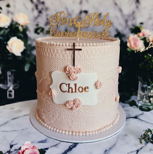 Intricate lace communion cake